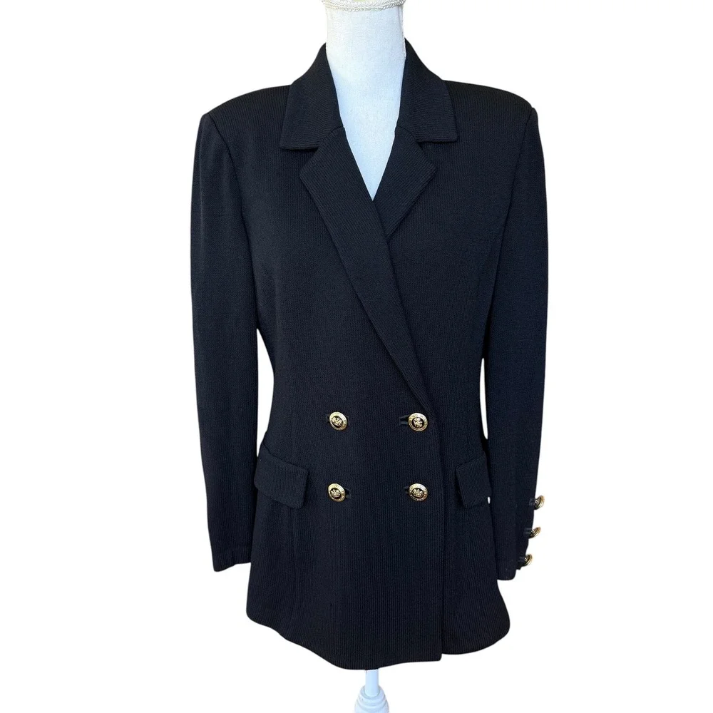 St. John Basics Black Santana Knit Double Breasted Gold Crest Button Blazer 6